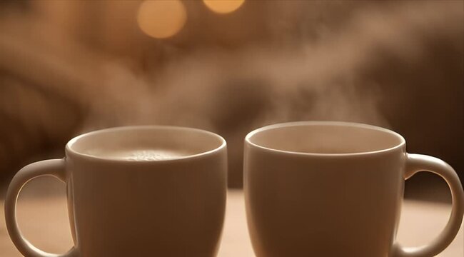Coffee cup hot drink warm beverage steam mug cozy autumn season morning relaxation brown tone foam surface home interior soft focus romantic comfort cafe table indoors drink break gentle moment