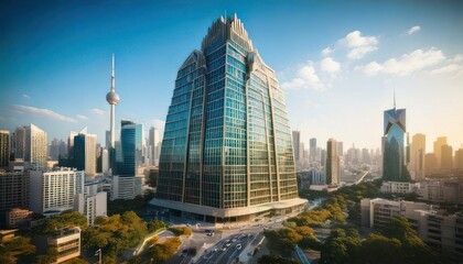 Obraz premium Modern Skyscraper Dominates Cityscape Under Bright Blue Sky.