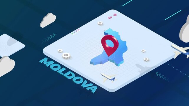 Isometric 3D Render of Moldova Map with Red Location Pin Pointer and Floating Airplanes