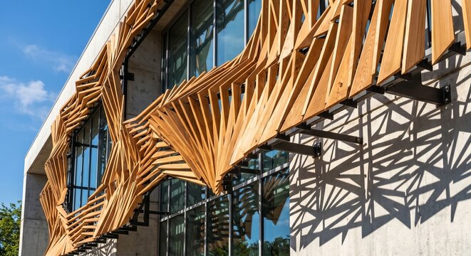 기하학적인 그림자가 드리워진 현대 건축물의 파라메트릭 목재 루버 파사드 디테일
Architectural detail of a modern building facade with parametric wooden louvers and geometric shadows