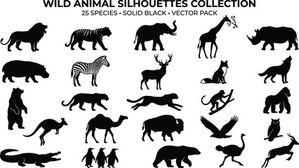 Obraz premium Black silhouette pack of 25 wild animals, including mammals, birds, and reptiles black silhouettes