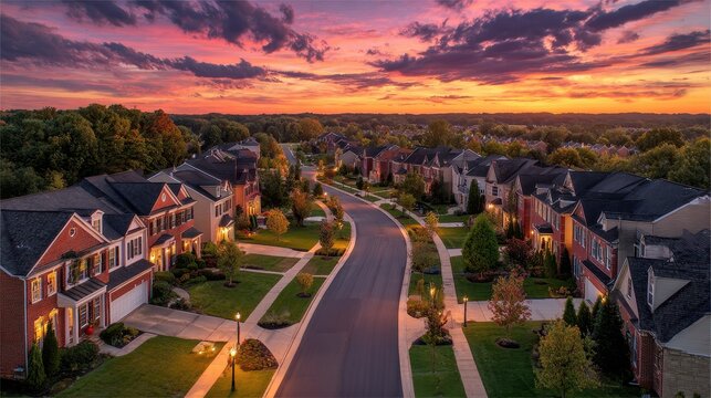 Panoramic aerial view of a gated upscale neighborhood at dusk, pristine brick facades and cul-de-sac street