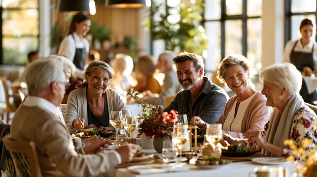 Elegance in Aging: Active Seniors Enjoying Gourmet Lunch and Community in a Sunlit Modern Dining Space
