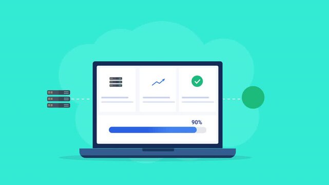 Animated flat vector illustration of a laptop displaying a database performance dashboard with database, analytics, and verification icons. Modern database monitoring, performance tracking, and techno