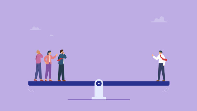 Business people balance on scale. Full time or contractor decision, worker or employee equality, salary or wages pay check, responsibility, staff capability judgement, efficiency concept.