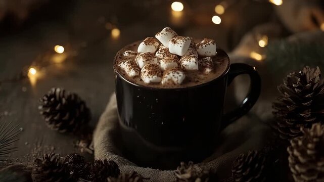 A cup filled with hot chocolate topped with marshmallows is placed on a cloth. Pine cones surround the cup, and string lights glow softly in the background