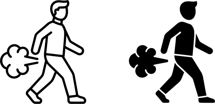 Farting man icon set. Human character passing gas collection in outline and silhouette styles. Editable vector illustration isolated on white background.