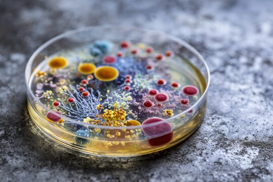 Petri dish with colorful microbial growth on agar, illustrating microbiology from everyday objects
