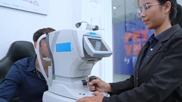 Eye care professional performing a thorough eye examination with a patient in a contemporary clinic environment