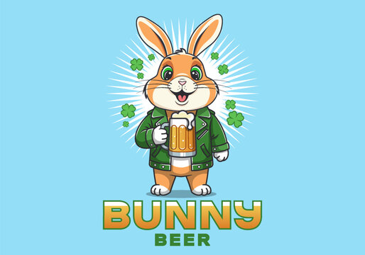 Vector cartoon funny cute smiling and happy bunny in green jacket holding mug of beer. Toon rabbit. Clover flowers. Lucky animal. Standing hare with alcoholic beverage. Beery party. Holiday, festival