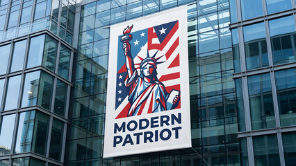 Obraz premium Flag Banner of Modern Patriotism Hanging on Urban Building Facade
