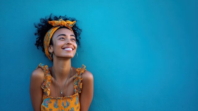 Portrait of a smiling child imagining travel and future adventures in a bright blue scene