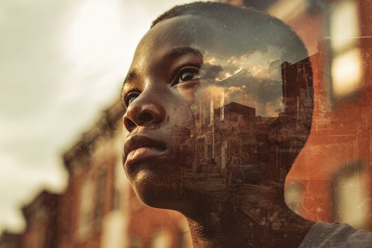 Portrait of a young boy in a modest urban neighborhood with a double exposure blend