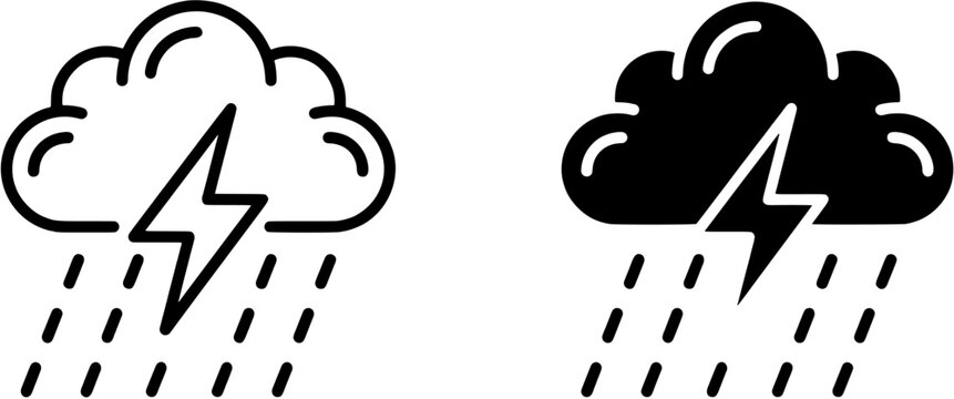 Thunderstorm weather icon set. Rain cloud with lightning bolt symbols in outline and solid styles. Editable vector illustration isolated on white background.