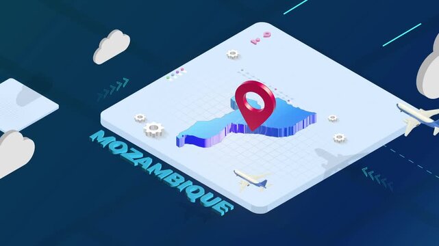 Isometric 3D Render of Mozambique Map with Red Location Pin Pointer and Floating Airplanes