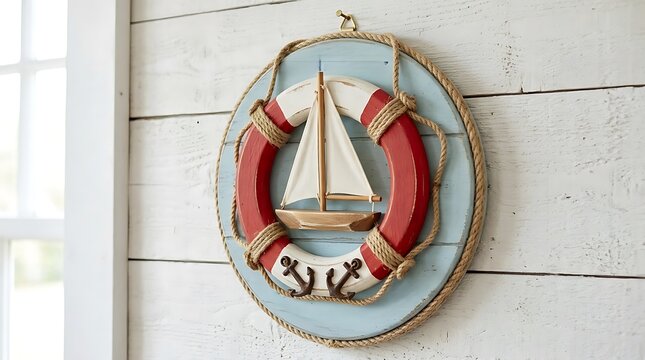 Nautical lifebuoy with wooden sailboat on white wooden wall illustration