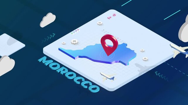 Isometric 3D Render of Morocco Map with Red Location Pin Pointer and Floating Airplanes