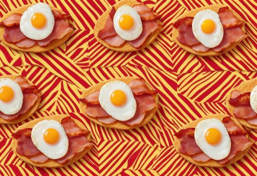 Pop art style pattern with fried eggs and crispy bacon on a red and yellow striped background