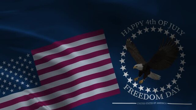 United States Independence Day concept background with a waving American flag and a soaring bald eagle inside a circular star frame with Happy 4th of July Freedom Day text on a dark blue backdrop