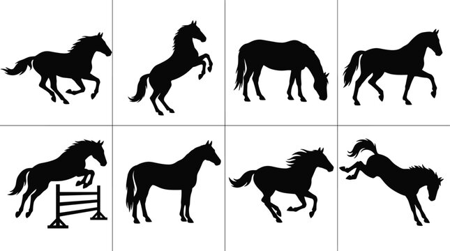 Horse Silhouette Collection Featuring Running Jumping and Standing Equestrian Animal Poses