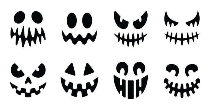 Halloween Jack-o'-lantern Faces: A collection of spooky and varied carved pumpkin faces, perfect for the Halloween season and creating a festive atmosphere. scary smile, ghost face, evil grin.