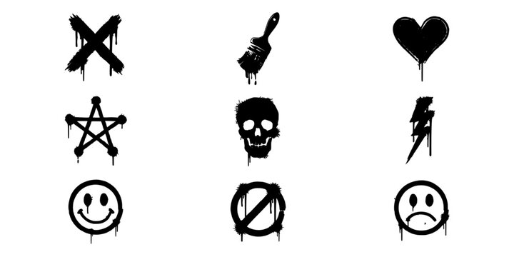 Symbols Depicting a Collection of Nine Black and White Graffiti-Style Icons with Dripping Paint Effects.