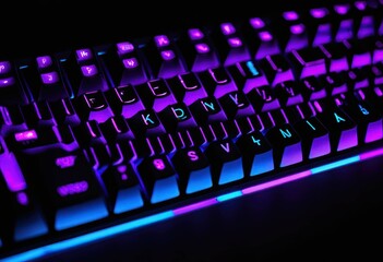 Fototapeta premium Gaming keyboard with vibrant purple and blue RGB backlighting glowing in the dark