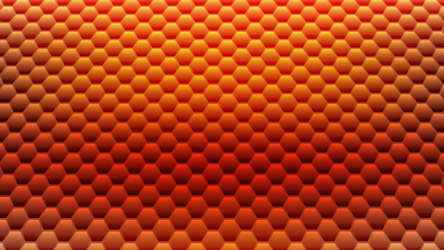 Abstract geometric background with orange hexagonal pattern, 3d render of honeycomb texture