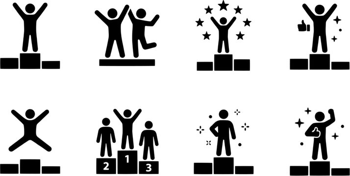 Winner icon set. People on podium celebrating victory and success in silhouette style. Isolated on white background, fully scalable vector illustration.