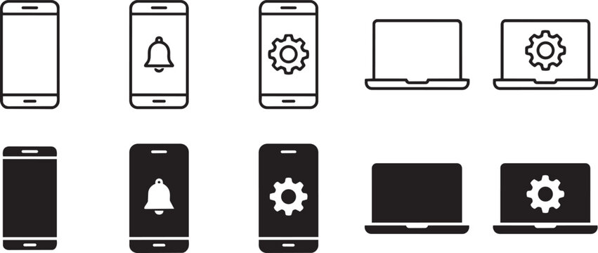Vector Icon Set of Mobile Phones and Laptops with Settings and Notification Symbols