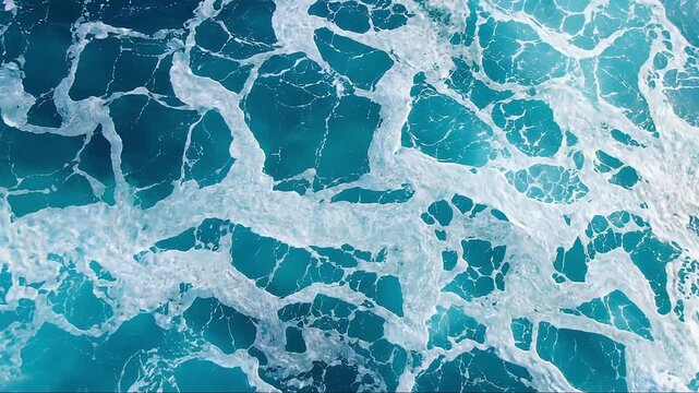 Aerial View of Crystal Blue Ocean Waves and White Sea Foam Creating Dynamic Marine Water Texture Background for Coastal Nature Scenes