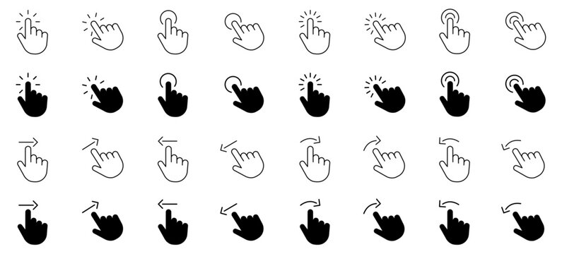 Touch screen hand gestures and click cursor line icon set. Mobile app swiping, double tap, pointer and scrolling solid and outline symbols. Vector.