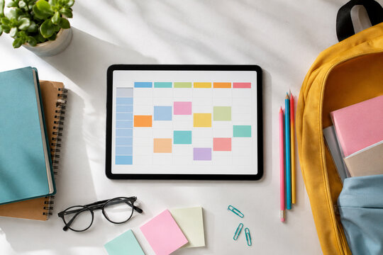 Digital tablet with a colorful weekly schedule planner on a desk with school supplies.