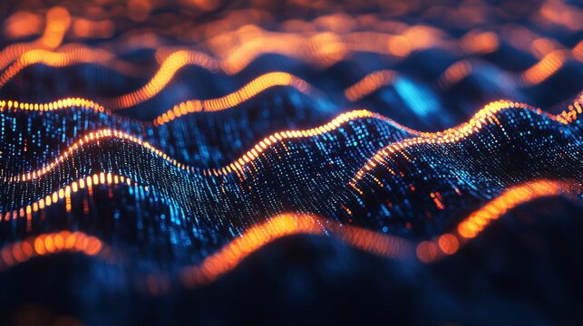 Glowing orange and blue digital waves create a complex abstract pattern of light particles flowing across a dark background space