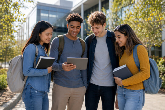 Group of diverse university students looking at a tablet together on a sunny campus.