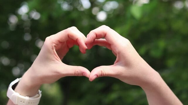 Two female hands make a heart gesture on a green park background. Close-up of hands forming a heart symbol with fingers on a blurred natural background. Concept of love and positive emotions