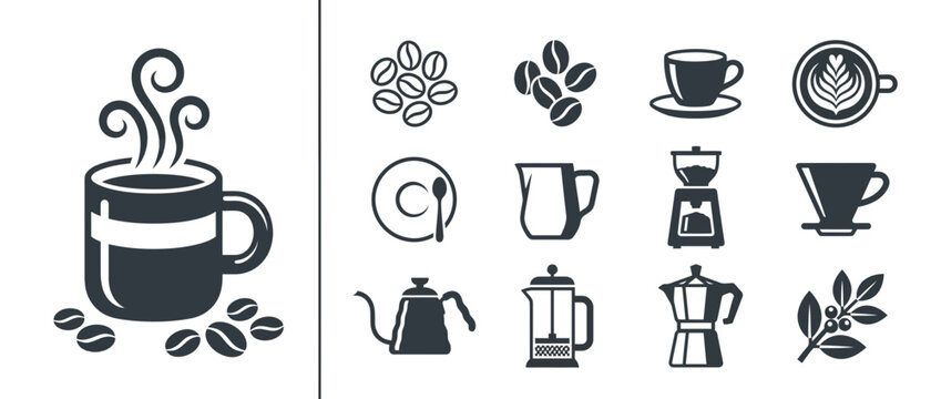 Coffee Shop Icons Set with Brewing Equipment and Coffee Beans