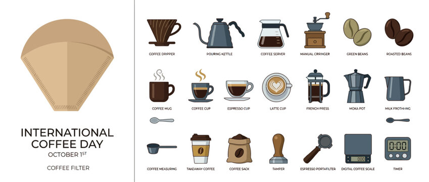 International Coffee Day Icons and Brewing Equipment Set