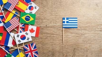 Obraz premium A small greek flag on a toothpick standing alone on a wooden surface next to a pile of other international flags