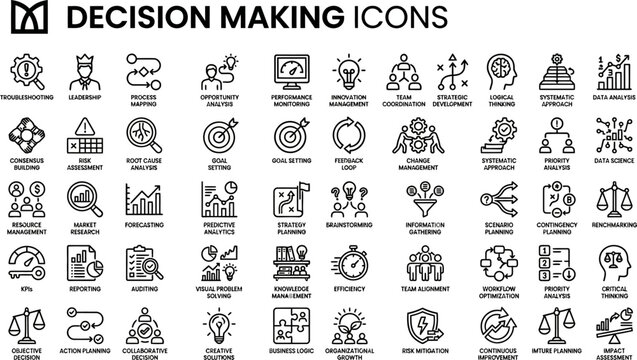 Decision making icons collection provides sixty black linear symbols representing strategic planning, data analysis, and corporate management workflows.
