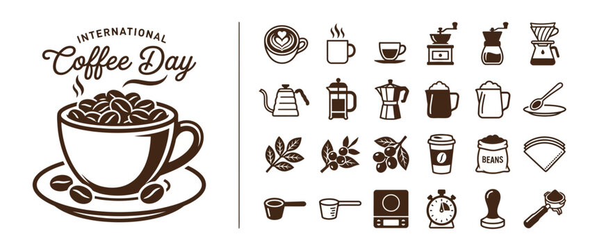 International Coffee Day Set of Icons and Illustrations