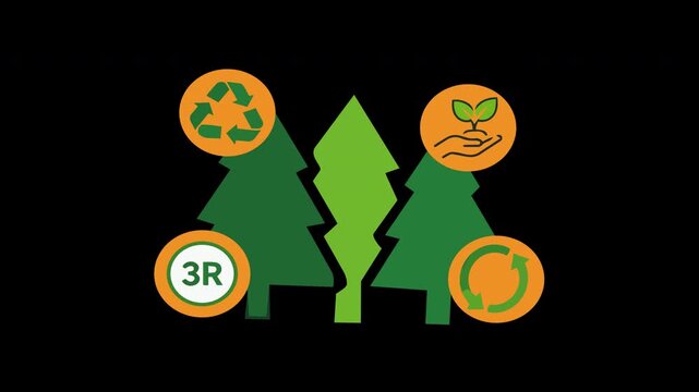 Sustainability and Recycling Icon Animation with Green Trees and 3R Environmental Concept Alpha Channel Included