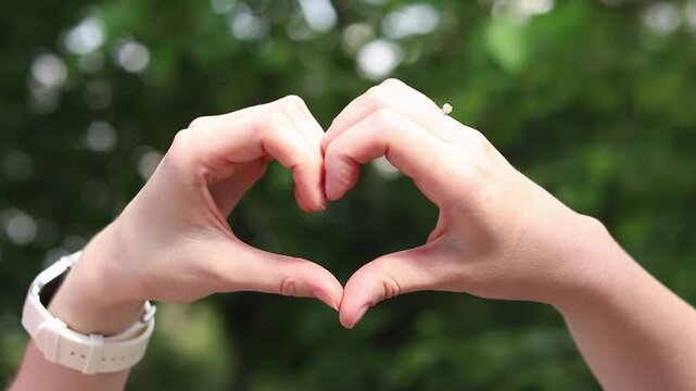 Two female hands make a heart gesture on a green park background. Close-up of hands forming a heart symbol with fingers on a blurred natural background. Concept of love and positive emotions