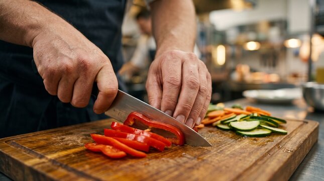 Close-up of chef's hands slicing fresh red bell peppers and colorful vegetables on a wooden board, preparing healthy ingredients in a professional kitchen