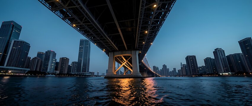 Dramatic city skyline and bridge underpass at blue hour over calm water with reflections.
