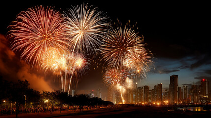 Naklejka premium A joyful New Year celebration scene with colorful fireworks over a city.