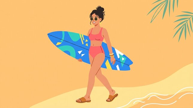 Flat vector illustration of a surfer woman walking on the beach, female surfer carrying a blue surfboard, tropical summer vacation aesthetic