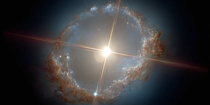 A bright star shines in the center of a ring-shaped nebula in space.