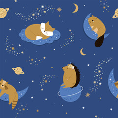 Fototapeta premium Seamless pattern with cute animals sleeping on moons and clouds in starry night sky