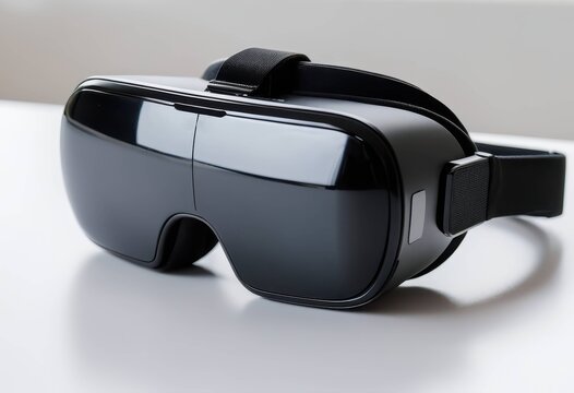 Futuristic and stylish black VR headset placed on a white table